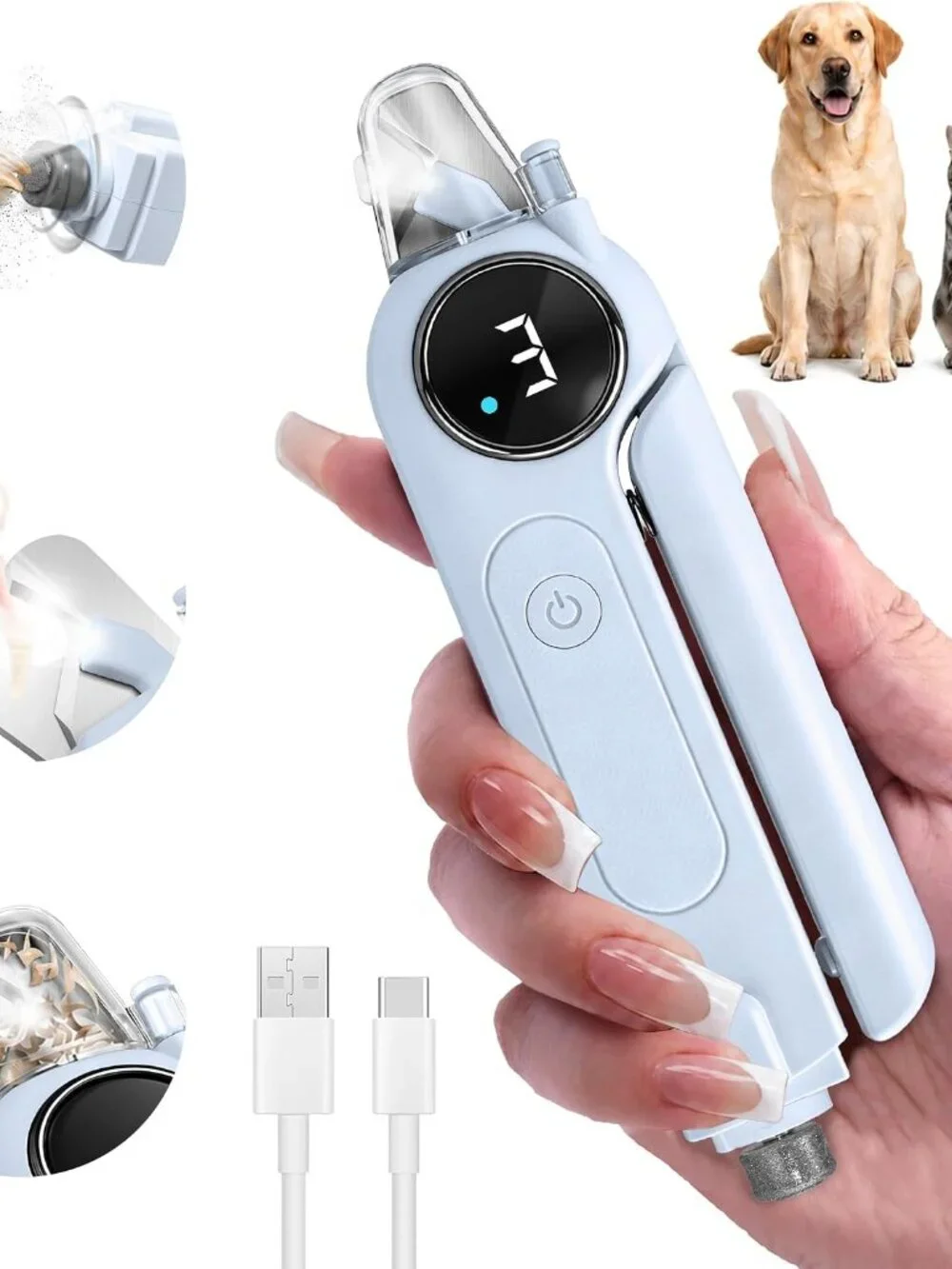2-in-1 Quiet Electric Pet Nail Clipper Grinder with Light for Dogs Cats - Blue